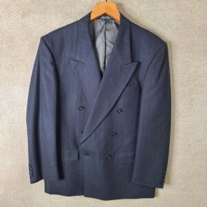 Vintage J Riggins Suit Men 42R Blue Stripe Double Breasted Wool 2 Pc Pants 35x30